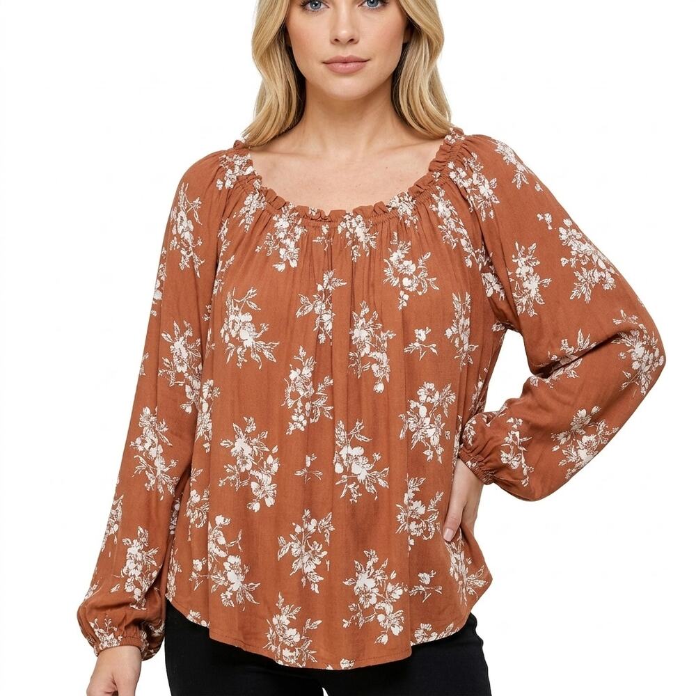 Ces femme TJ1051PD Brown Floral Peasant Blouse Women Size M